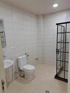 a white bathroom with a toilet and a sink at Gonadze Vineyards Hotel in Ambrolauri