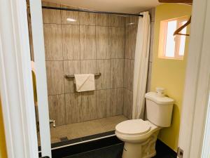 a bathroom with a toilet and a shower at Morro Bay Beach Inn in Morro Bay