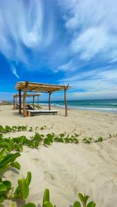 a wooden bench sitting on a beach near the ocean at DIEM Vichayito Beachfront Eco-Luxury in Vichayito