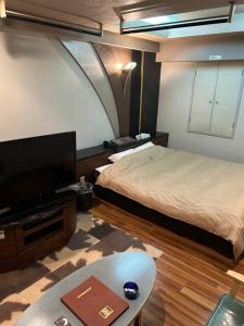 a bedroom with a bed and a flat screen tv at Hotel AKAIKUTSU - Adult Only in Yokohama