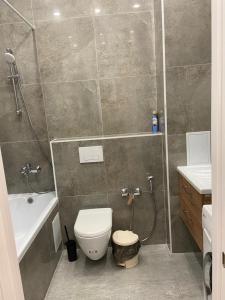 een badkamer met een toilet, een douche en een wastafel bij Уютная квартира в центре столицы in Taldykolʼ