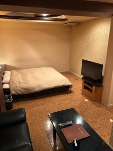 a room with a bed and a table and a tv at Hotel AKAIKUTSU - Adult Only in Yokohama