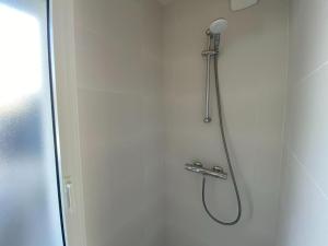 y baño con ducha con cabezal de ducha. en Charming independent apartment in Belz, en Belz