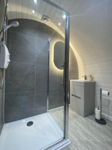 a shower with a glass door in a bathroom at Great House Farm Luxury Pods and Self Catering in Crickadarn
