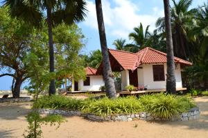 Nirukthie Beach Resort & Restaurant في كالبيتيا: منزل على الشاطئ مع أشجار النخيل
