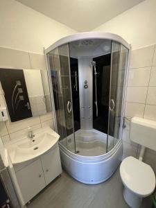 e bagno con doccia, servizi igienici e lavandino. di EVA's Rooms a Târgu-Mureş