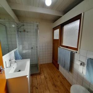 a bathroom with a sink and a shower at Beachouse in Lock Sport