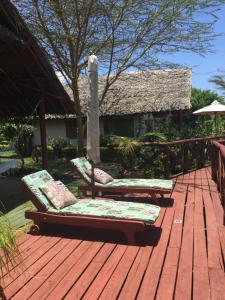 two lounge chairs and an umbrella on a wooden deck at Buffalo's Rest Greenpark-Naivasha in Naivasha