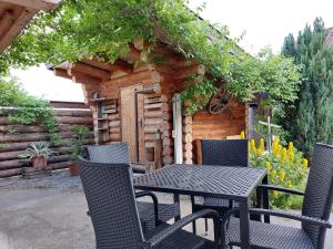 una mesa y sillas frente a una cabaña en Apart Lechtraum, en Stanzach