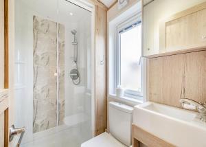 a bathroom with a shower and a toilet and a sink at Brighouse Bay Holiday Park in Kirkcudbright