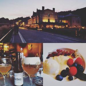 a collage of photos with a bottle of wine and a plate of food at Q-time Barvaux, Durbuy in Durbuy