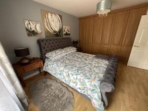 a bedroom with a bed with a rug and a mirror at Coleraine Riverside apartment in Coleraine