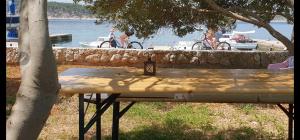 a picnic table in front of a lake with people on boats at Vikendica Nika in Rab