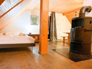 a bedroom with a bed and a wood stove at Waterfall View in Kandersteg