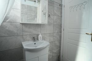 uma casa de banho branca com um lavatório e um chuveiro em Άνετο διαμέρισμα για 4 με θέα em Erétria