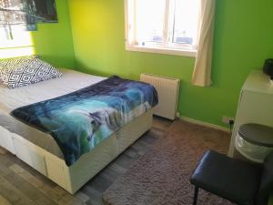 ein Schlafzimmer mit einem Bett in einem grünen Zimmer in der Unterkunft Cichy I uroczy pokój in Newtongrange