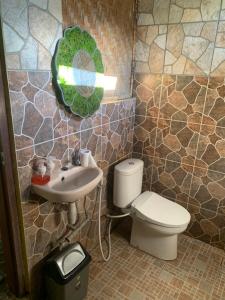 賽德曼的住宿－Jana's Homestay，一间带卫生间、水槽和镜子的浴室