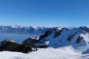 Blick auf eine Bergkette mit Schnee und Bäumen in der Unterkunft Studio Myrtilles du Léman vue sur lac et montagne in Thollon