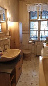 a bathroom with a sink and a toilet and windows at FW-Talblick in Annaberg-Buchholz