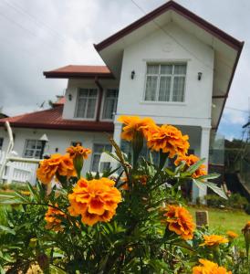 a white house with orange flowers in front of it at Thuring's Holiday Bungalow in Nuwara Eliya