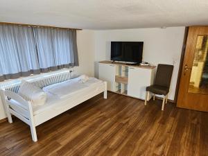 a bedroom with a bed and a tv and a chair at VlbgApart Lauterach Bu76 in Lauterach