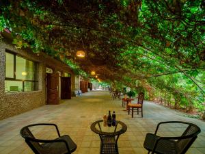 un patio al aire libre con sillas, mesas y árboles en Dunhuang Hu Yang Inn, en Dunhuang