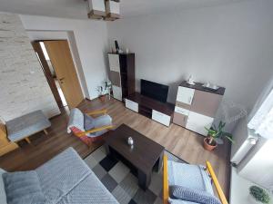 een woonkamer met een bank en een tafel en stoelen bij Vaclavskeho Apartment Medzilaborce in Medzilaborce