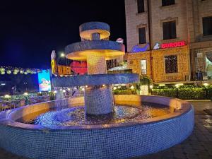 a fountain in the middle of a city at night at Новая 3-х комнатная квартира Мечта in Bukhara