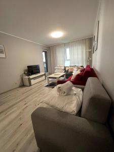 a living room with a bed and a couch at New Apartment - near Sky Tower - 7 People - New Building - Parking Place in Wrocław
