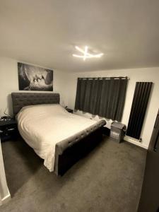 a bedroom with a bed and a ceiling fan at Modern 2 bedroom town centre apartment in Tamworth in Tamworth