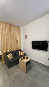 uma sala de estar com um sofá e uma televisão em Giannis Studio em Tessalônica