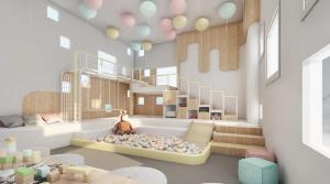 a childs room with a large tub and a room with stairs at Once Pattaya Seaview Condo in Pattaya
