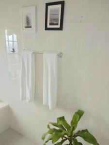 a bathroom with white towels and a potted plant at harmonious two bed cottage with breathtaking views in Kajiado