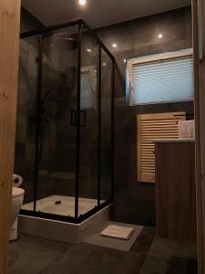 a shower stall in a bathroom with a toilet at Domki Na Wiosce 
