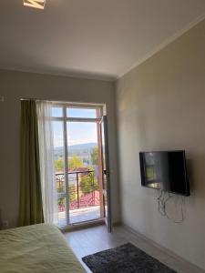 a bedroom with a bed and a flat screen tv at Truskavets Oasis Apartments in Truskavets