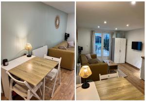 duas fotografias de uma sala de estar e de uma sala de jantar em Entre mer et centre-ville: Charmant et lumineux T1 em Saint-Raphaël