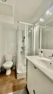 Un baño con inodoro, lavabo y ducha. en Bel appart à Nogent-sur-Marne, en Nogent-sur-Marne