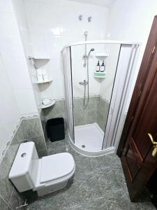 baño con ducha y aseo blanco en Piso Granada 3 dormitorios y parking privado, en Granada
