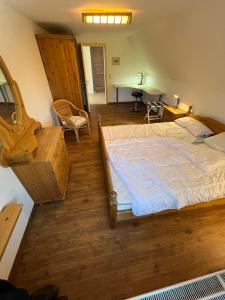 1 dormitorio con 1 cama grande y escritorio en Ferienwohnung Obermühle, en Alter Graben