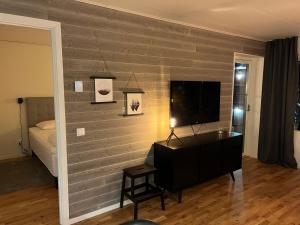 Habitación con pared, TV y cama. en Storhogna Torg en Vemdalen