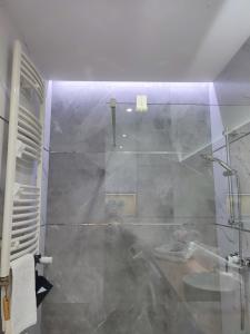 a bathroom with a glass shower with a sink at Apartament Przystań z tarasem in Giżycko