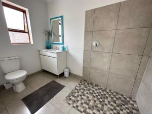 a bathroom with a shower and a toilet and a sink at Happy Dayz Holiday House in Jeffreys Bay +12 photos