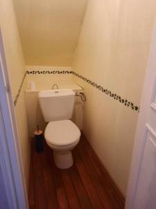 uma pequena casa de banho com um WC branco num quarto em Maison de ville em Déols