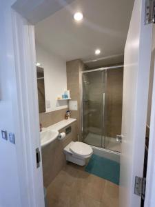 uma casa de banho com um WC, um lavatório e um chuveiro em Morden 2bed2bath London Zone2 City/River View Home em Londres