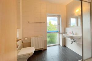 a bathroom with a toilet and a sink and a window at An den Kreischen 28 Ferienhaus Engel in Ueckeritz +15 photos
