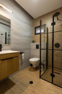a bathroom with a toilet and a glass shower at Luxury Central Old Town Apartment in Beer Sheva