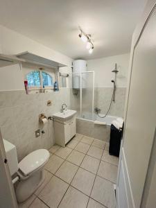 La salle de bains est pourvue de toilettes, d'un lavabo et d'une douche. dans l'établissement Idyllisches Ferienhaus, à Siófok
