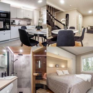 a collage of pictures of a bedroom and a living room at RUKA Skilodge Ihtinki, two bedrooms (Free Wi-Fi) in Ruka
