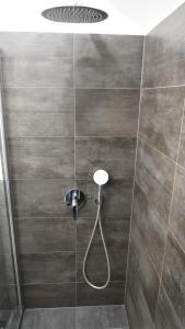 a bathroom with a shower with a shower head at Luxuriös & Sehr Zentral in Wuppertal in Wuppertal
