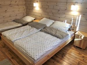 - 2 lits jumeaux dans une chambre avec des murs en bois dans l'établissement Dom Wypoczynkowy w Królowym Moście, à Królowy Most
